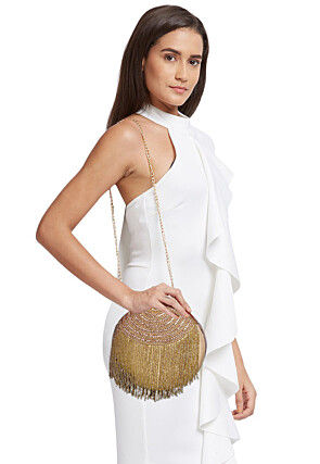 Hand Embroidered Art Silk Round Clutch Bag in Golden