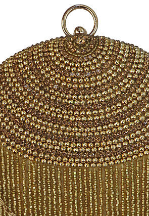 Hand Embroidered Art Silk Round Clutch Bag in Golden
