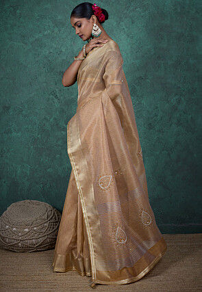 Hand Embroidered Art Silk Saree in Beige