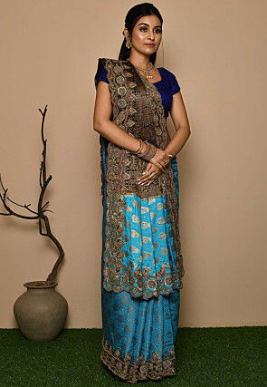 Hand Embroidered Art Silk Saree in Blue