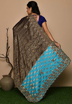 Hand Embroidered Art Silk Saree in Blue