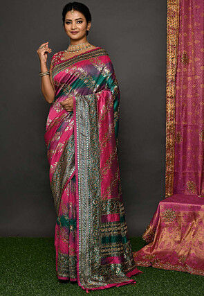 Hand Embroidered Art Silk Saree in Fuchsia and Teal Green