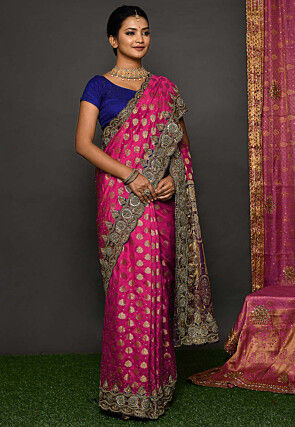 Hand Embroidered Art Silk Saree in Fuchsia