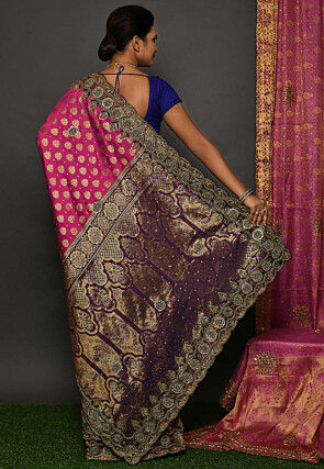 Hand Embroidered Art Silk Saree in Fuchsia