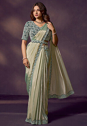 Pre Stitched Art Silk Saree in Light Green