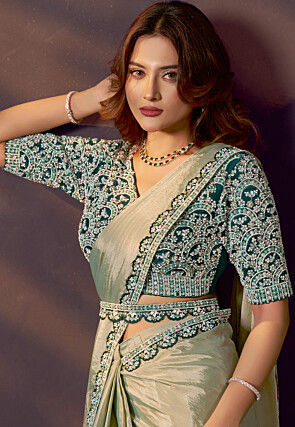 Pre Stitched Art Silk Saree in Light Green