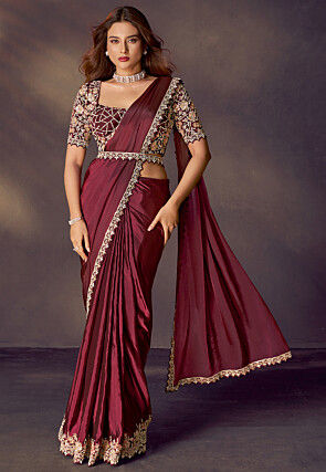Pre Stitched Art Silk Scalloped Saree in Maroon