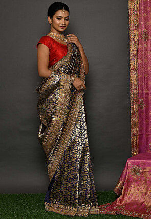 Hand Embroidered Art Silk Saree in Navy Blue