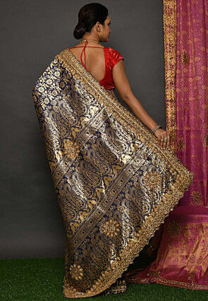 Hand Embroidered Art Silk Saree in Navy Blue