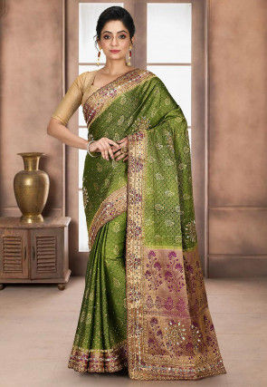 Hand Embroidered Art Silk Saree in Olive Green