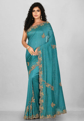 Hand Embroidered Art Silk Saree in Teal Blue