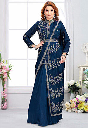 Hand Embroidered Art Silk Saree in Teal Blue