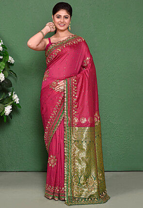 Hand Embroidered Art Silk Scalloped Saree in Magenta