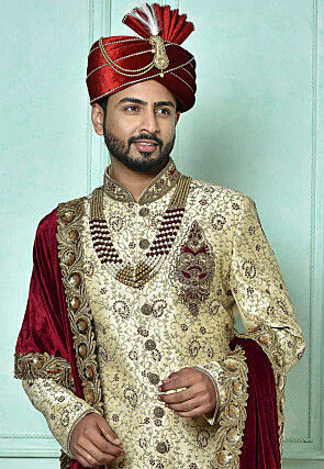Hand Embroidered Art Silk Sherwani in Beige