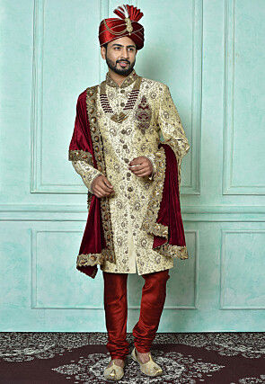 Hand Embroidered Art Silk Sherwani in Beige