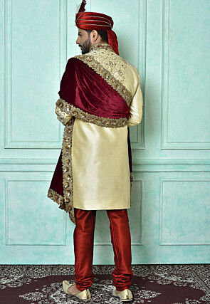 Hand Embroidered Art Silk Sherwani in Beige