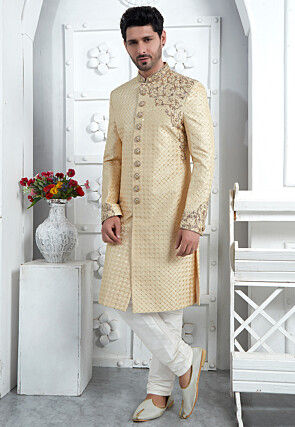 Hand Embroidered Art Silk Sherwani in Beige