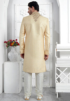 Hand Embroidered Art Silk Sherwani in Beige
