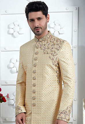 Hand Embroidered Art Silk Sherwani in Beige