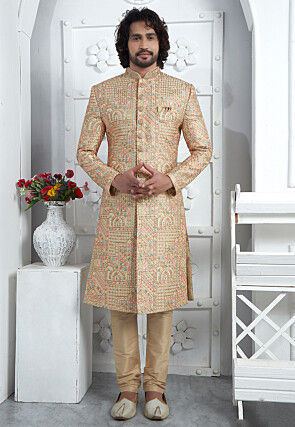 Hand Embroidered Art Silk Sherwani in Beige