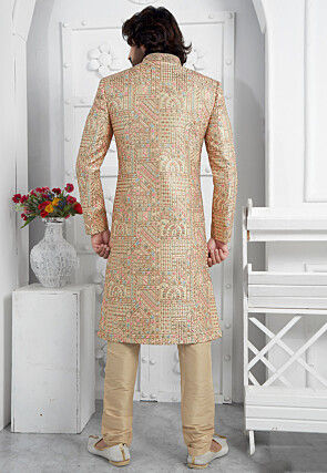 Hand Embroidered Art Silk Sherwani in Beige