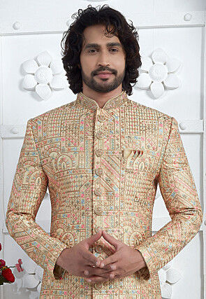 Hand Embroidered Art Silk Sherwani in Beige