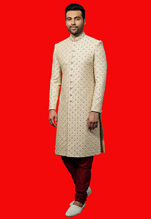 Hand Embroidered Art Silk Sherwani in Beige