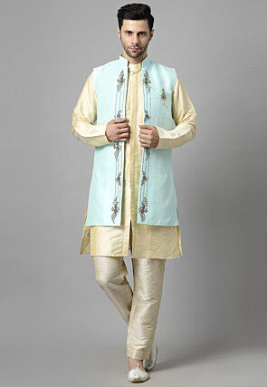 Hand Embroidered Art Silk Sherwani in Beige