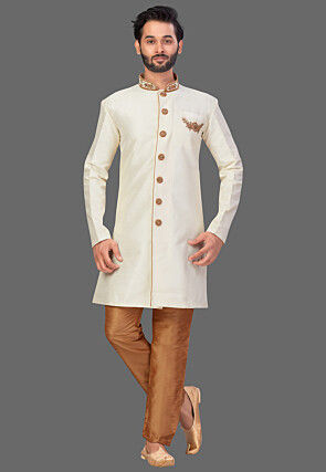 Hand Embroidered Art Silk Sherwani in Cream