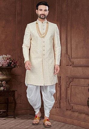 Hand Embroidered Art Silk Sherwani in Cream