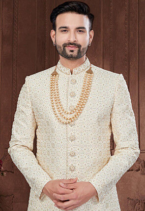 Hand Embroidered Art Silk Sherwani in Cream