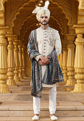 Hand Embroidered Art Silk Sherwani in Cream