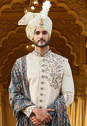 Hand Embroidered Art Silk Sherwani in Cream