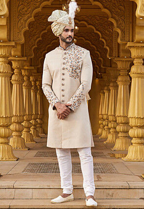 Hand Embroidered Art Silk Sherwani in Cream