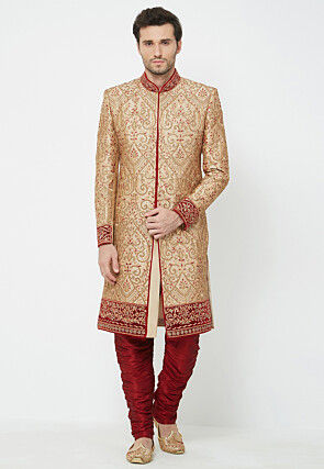 Hand Embroidered Art Silk Sherwani in Golden