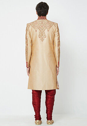 Hand Embroidered Art Silk Sherwani in Golden