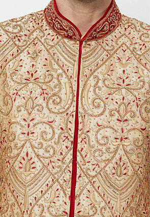 Hand Embroidered Art Silk Sherwani in Golden