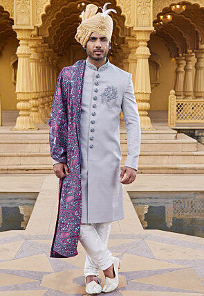 Hand Embroidered Art Silk Sherwani in Grey