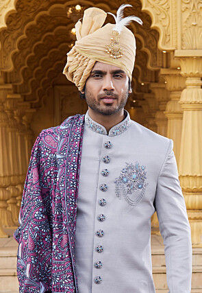 Hand Embroidered Art Silk Sherwani in Grey