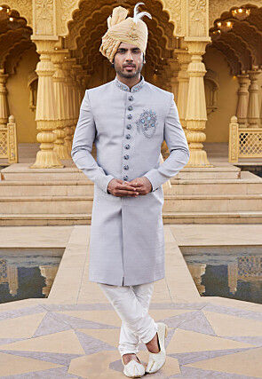 Hand Embroidered Art Silk Sherwani in Grey
