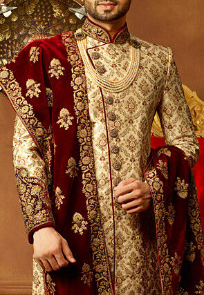 Hand Embroidered Art Silk Sherwani in Light Beige