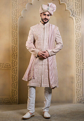 Hand Embroidered Art Silk Sherwani in Light Pink