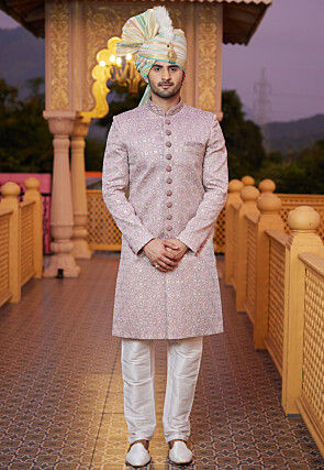 Hand Embroidered Art Silk Sherwani in Light Purple