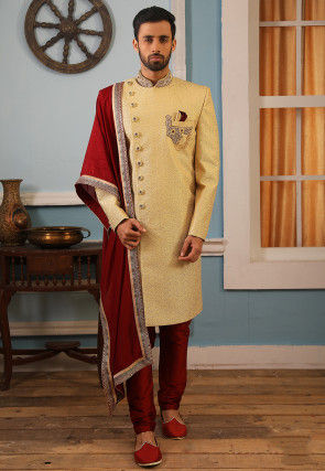 Hand Embroidered Art Silk Sherwani in Light yellow
