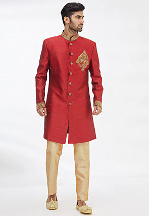 Hand Embroidered Art Silk Sherwani in Maroon