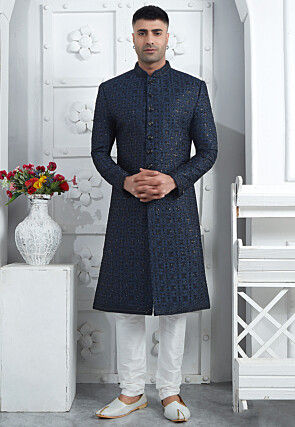 Hand Embroidered Art Silk Sherwani in Navy Blue