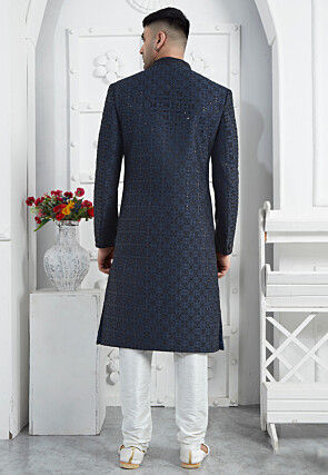Hand Embroidered Art Silk Sherwani in Navy Blue