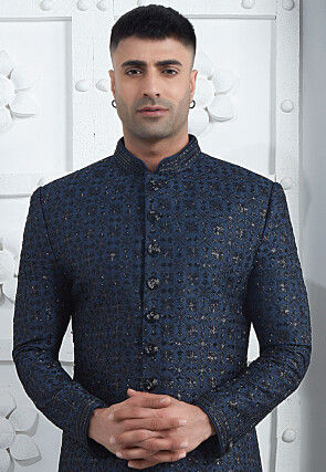 Hand Embroidered Art Silk Sherwani in Navy Blue