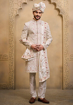 Hand Embroidered Art Silk Sherwani in Off White