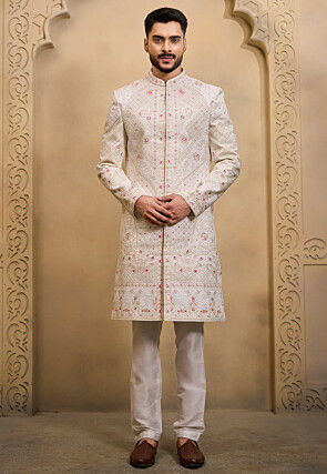 Hand Embroidered Art Silk Sherwani in Off White